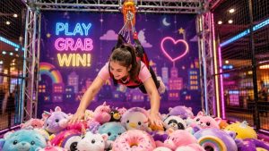 a girl in human claw machine game