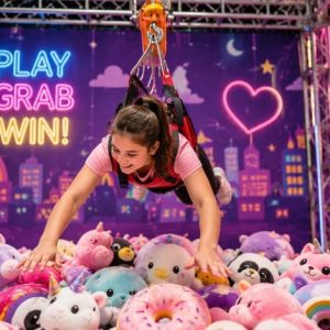 a girl in human claw machine game