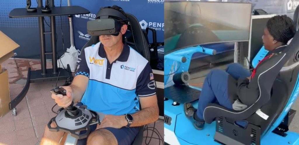 Both versions side by side: the VR cockpit and the curved-screen rig.